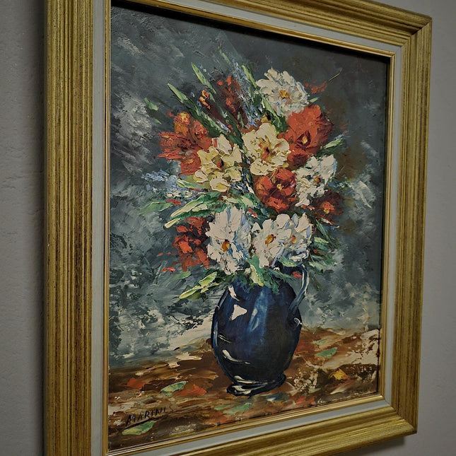 Vintage French Floral Oil Painting, Signed Still Life Blue Vase Bouquet, Original Cottagecore Wall Art, Elegant Home Decor Gift