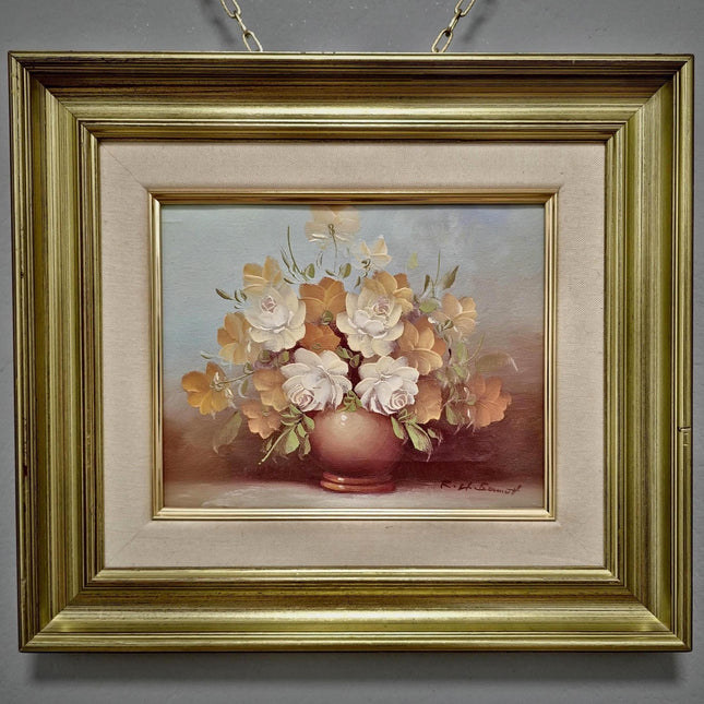 Vintage French Floral Oil Painting, Signed Still Life with Roses, Bouquet in Vase Artwork, Cottagecore Wall Decor, Unique Gift