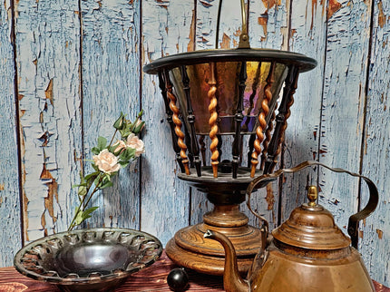 Large Antique Dutch Tea Stove with Copper Kettle, 19th Century Willem III Wooden Brass Slatted Stand, Large Rustic Farmhouse Kitchen Decor