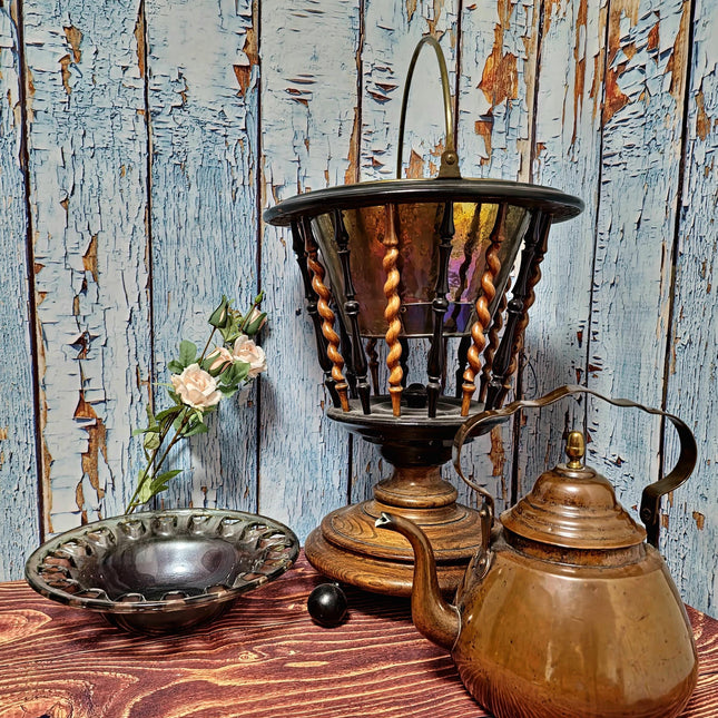 Large Antique Dutch Tea Stove with Copper Kettle, 19th Century Willem III Wooden Brass Slatted Stand, Large Rustic Farmhouse Kitchen Decor