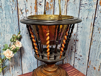 Large Antique Dutch Tea Stove with Copper Kettle, 19th Century Willem III Wooden Brass Slatted Stand, Large Rustic Farmhouse Kitchen Decor