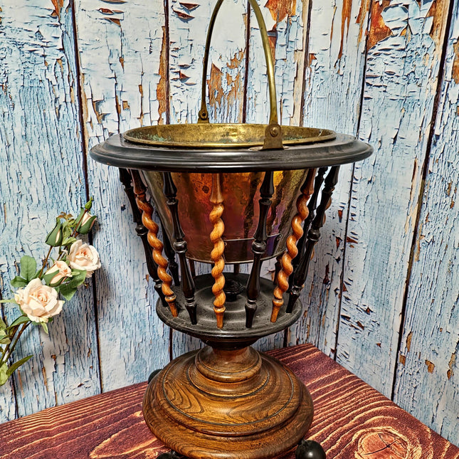 Large Antique Dutch Tea Stove with Copper Kettle, 19th Century Willem III Wooden Brass Slatted Stand, Large Rustic Farmhouse Kitchen Decor