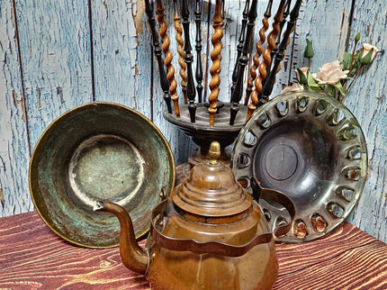 Large Antique Dutch Tea Stove with Copper Kettle, 19th Century Willem III Wooden Brass Slatted Stand, Large Rustic Farmhouse Kitchen Decor