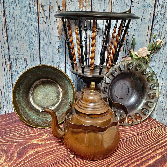 Large Antique Dutch Tea Stove with Copper Kettle, 19th Century Willem III Wooden Brass Slatted Stand, Large Rustic Farmhouse Kitchen Decor