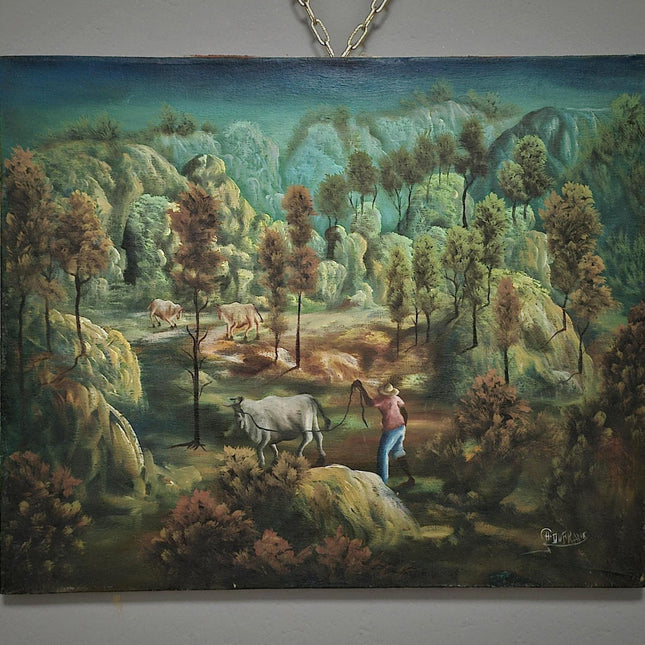 Vintage Naive Art Pastoral Landscape Oil Painting on Canvas, Original Collectible Artwork, Unique Wall Art for Rustic Home Decor, Gift Idea