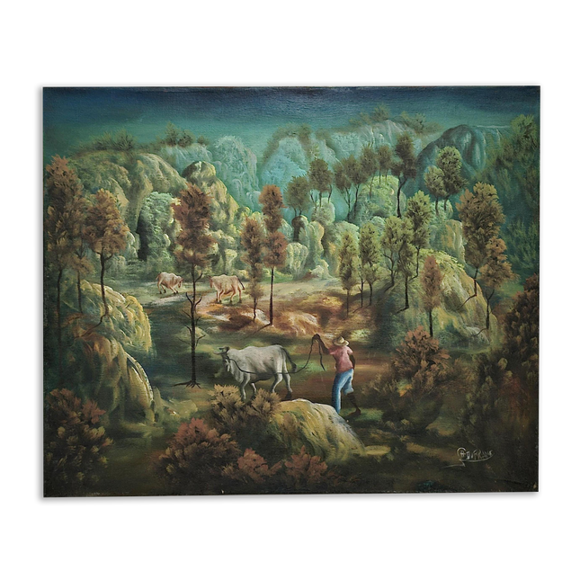 Vintage Naive Art Pastoral Landscape Oil Painting on Canvas, Original Collectible Artwork, Unique Wall Art for Rustic Home Decor, Gift Idea