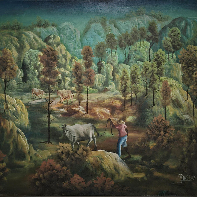 Vintage Naive Art Pastoral Landscape Oil Painting on Canvas, Original Collectible Artwork, Unique Wall Art for Rustic Home Decor, Gift Idea