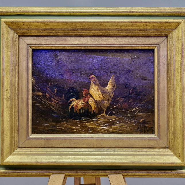 Antique Swiss Farmyard Oil Painting, Signed Chicken Animal Scene, Rustic Farmhouse Wall Decor, Cottagecore Art, Collectible Fine Piece