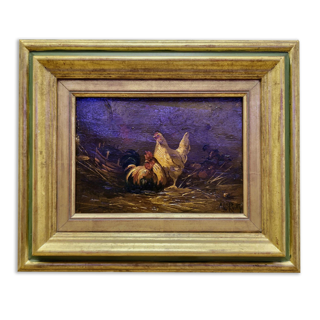 Antique Swiss Farmyard Oil Painting, Signed Chicken Animal Scene, Rustic Farmhouse Wall Decor, Cottagecore Art, Collectible Fine Piece