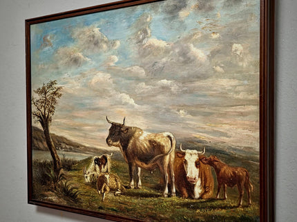 Antique French Pastoral Landscape Oil Painting with Cows, Signed Farmhouse Wall Decor, Framed Rustic Country Artwork, European Fine Art