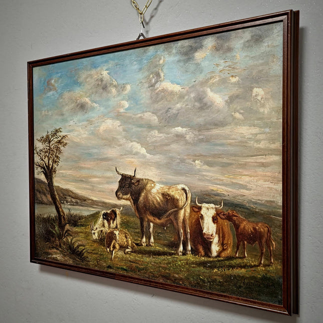 Antique French Pastoral Landscape Oil Painting with Cows, Signed Farmhouse Wall Decor, Framed Rustic Country Artwork, European Fine Art
