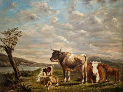 Antique French Pastoral Landscape Oil Painting with Cows, Signed Farmhouse Wall Decor, Framed Rustic Country Artwork, European Fine Art