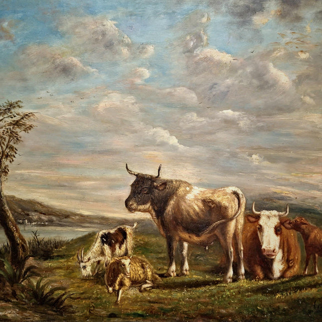 Antique French Pastoral Landscape Oil Painting with Cows, Signed Farmhouse Wall Decor, Framed Rustic Country Artwork, European Fine Art