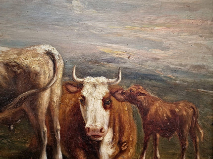 Antique French Pastoral Landscape Oil Painting with Cows, Signed Farmhouse Wall Decor, Framed Rustic Country Artwork, European Fine Art
