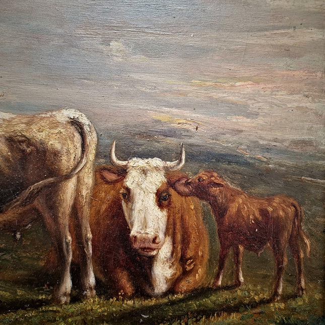 Antique French Pastoral Landscape Oil Painting with Cows, Signed Farmhouse Wall Decor, Framed Rustic Country Artwork, European Fine Art