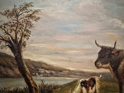 Antique French Pastoral Landscape Oil Painting with Cows, Signed Farmhouse Wall Decor, Framed Rustic Country Artwork, European Fine Art