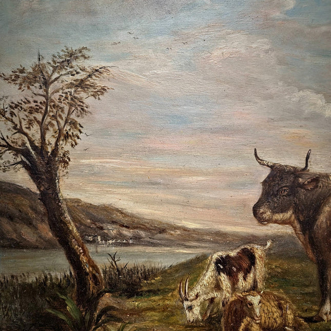 Antique French Pastoral Landscape Oil Painting with Cows, Signed Farmhouse Wall Decor, Framed Rustic Country Artwork, European Fine Art