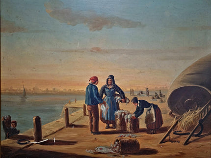 Antique French Oil Painting Harbor Scene With Figures, Original Nautical Coastal Artwork, Maritime Wall Decor, Framed European Fine Art