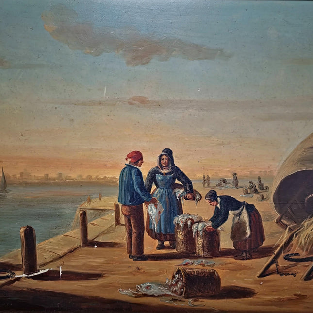 Antique French Oil Painting Harbor Scene With Figures, Original Nautical Coastal Artwork, Maritime Wall Decor, Framed European Fine Art