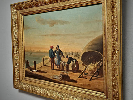 Antique French Oil Painting Harbor Scene With Figures, Original Nautical Coastal Artwork, Maritime Wall Decor, Framed European Fine Art