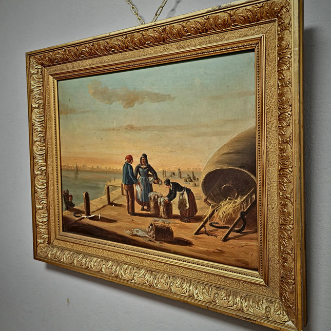 Antique French Oil Painting Harbor Scene With Figures, Original Nautical Coastal Artwork, Maritime Wall Decor, Framed European Fine Art