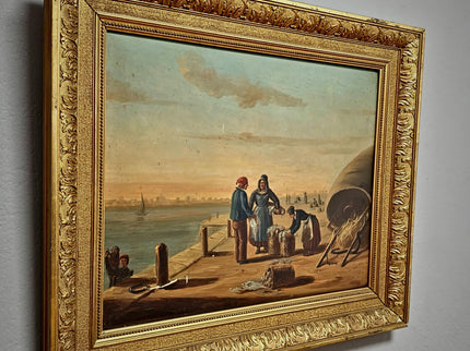 Antique French Oil Painting Harbor Scene With Figures, Original Nautical Coastal Artwork, Maritime Wall Decor, Framed European Fine Art