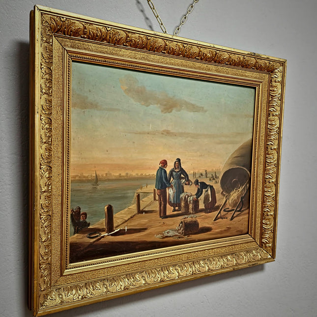 Antique French Oil Painting Harbor Scene With Figures, Original Nautical Coastal Artwork, Maritime Wall Decor, Framed European Fine Art