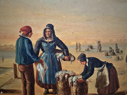 Antique French Oil Painting Harbor Scene With Figures, Original Nautical Coastal Artwork, Maritime Wall Decor, Framed European Fine Art