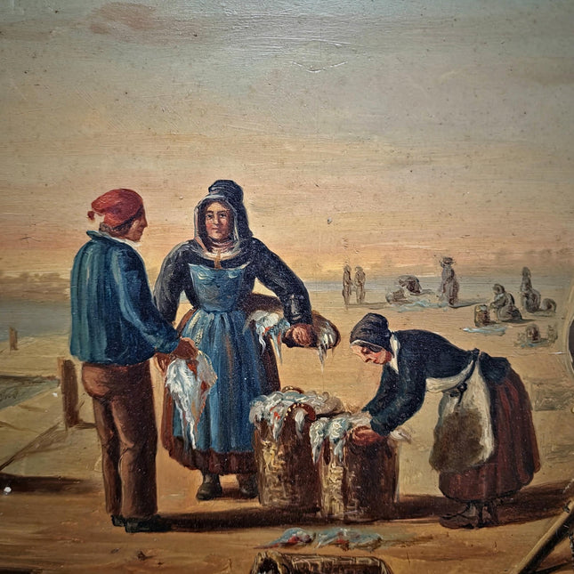 Antique French Oil Painting Harbor Scene With Figures, Original Nautical Coastal Artwork, Maritime Wall Decor, Framed European Fine Art
