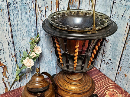 Large Antique Dutch Tea Stove with Copper Kettle, 19th Century Willem III Wooden Brass Slatted Stand, Large Rustic Farmhouse Kitchen Decor