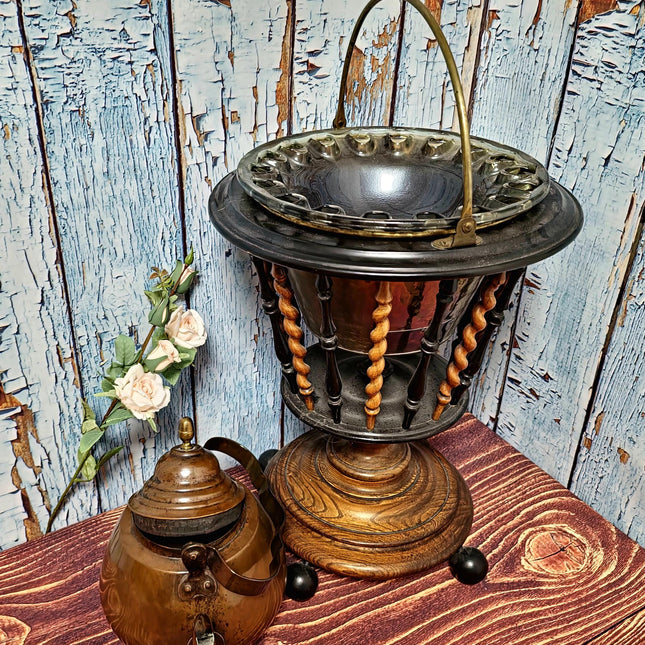 Large Antique Dutch Tea Stove with Copper Kettle, 19th Century Willem III Wooden Brass Slatted Stand, Large Rustic Farmhouse Kitchen Decor
