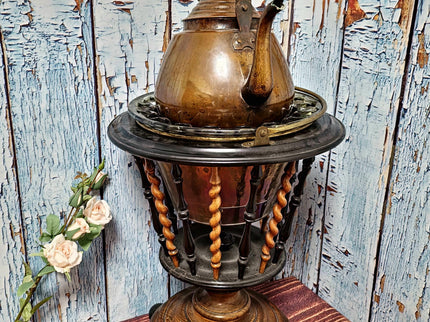 Large Antique Dutch Tea Stove with Copper Kettle, 19th Century Willem III Wooden Brass Slatted Stand, Large Rustic Farmhouse Kitchen Decor