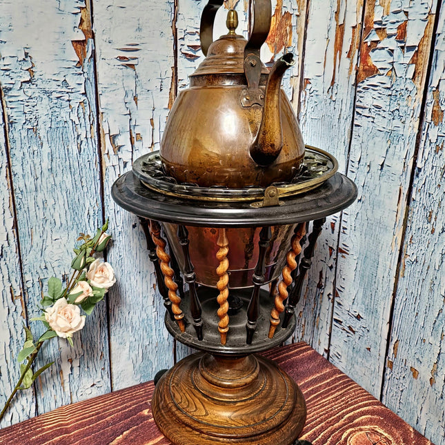 Large Antique Dutch Tea Stove with Copper Kettle, 19th Century Willem III Wooden Brass Slatted Stand, Large Rustic Farmhouse Kitchen Decor