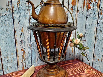 Large Antique Dutch Tea Stove with Copper Kettle, 19th Century Willem III Wooden Brass Slatted Stand, Large Rustic Farmhouse Kitchen Decor
