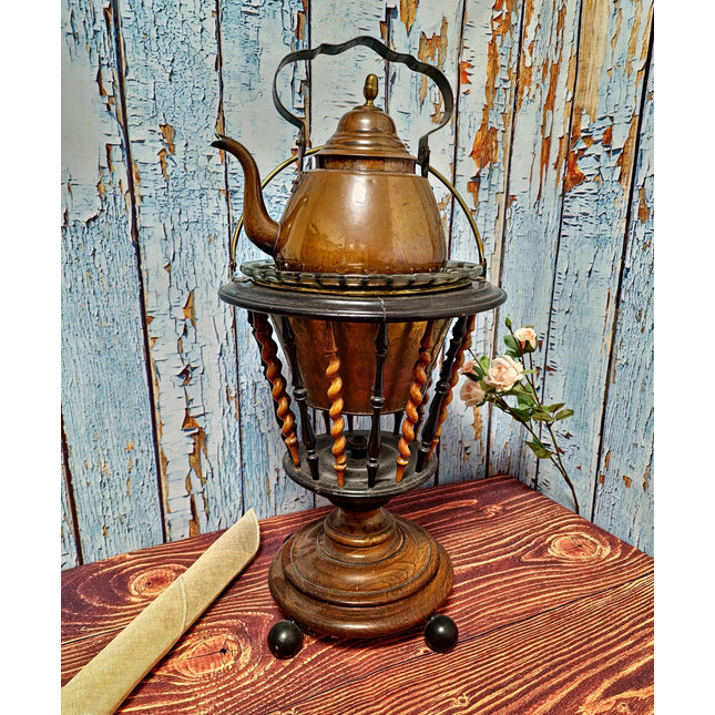 Large Antique Dutch Tea Stove with Copper Kettle, 19th Century Willem III Wooden Brass Slatted Stand, Large Rustic Farmhouse Kitchen Decor