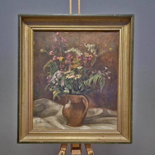 Antique Floral Oil Painting, Vintage Wildflower Bouquet Still Life, Framed Wall Decor