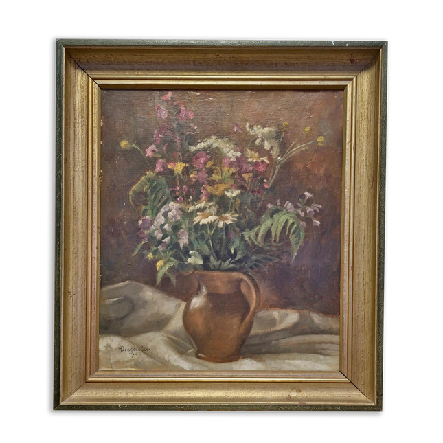 Antique Floral Oil Painting, Vintage Wildflower Bouquet Still Life, Framed Wall Decor