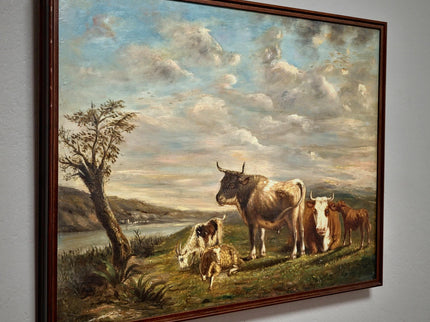 Antique French Pastoral Landscape Oil Painting with Cows, Signed Farmhouse Wall Decor, Framed Rustic Country Artwork, European Fine Art