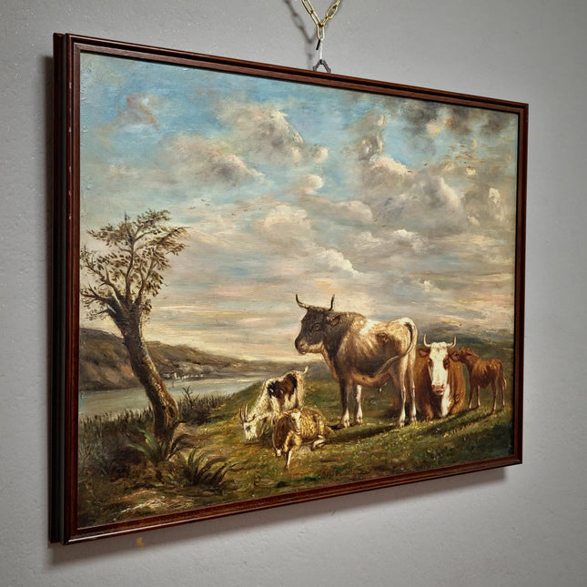 Antique French Pastoral Landscape Oil Painting with Cows, Signed Farmhouse Wall Decor, Framed Rustic Country Artwork, European Fine Art