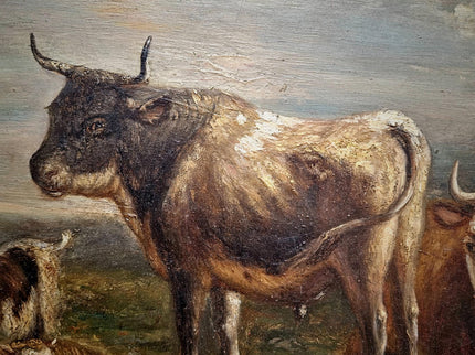 Antique French Pastoral Landscape Oil Painting with Cows, Signed Farmhouse Wall Decor, Framed Rustic Country Artwork, European Fine Art
