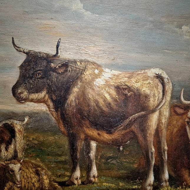 Antique French Pastoral Landscape Oil Painting with Cows, Signed Farmhouse Wall Decor, Framed Rustic Country Artwork, European Fine Art