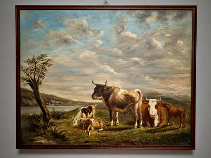 Antique French Pastoral Landscape Oil Painting with Cows, Signed Farmhouse Wall Decor, Framed Rustic Country Artwork, European Fine Art