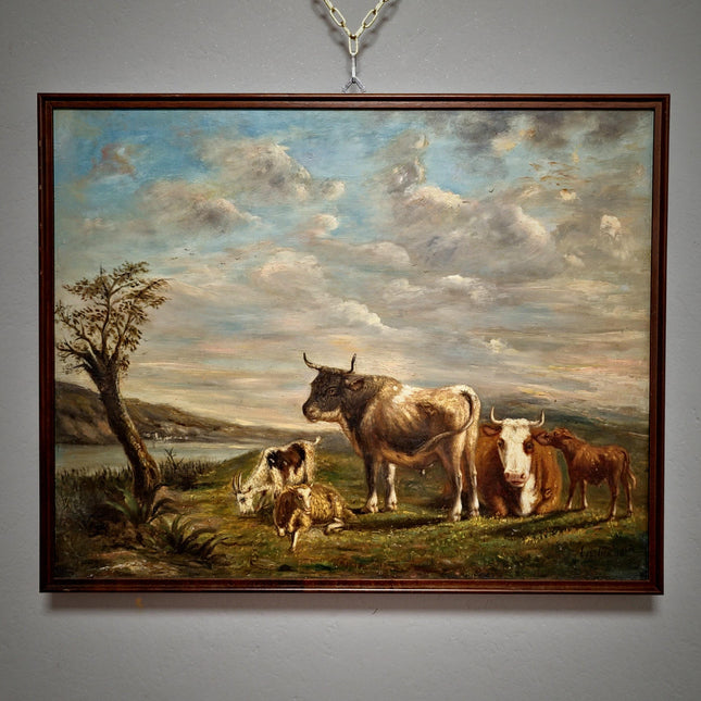 Antique French Pastoral Landscape Oil Painting with Cows, Signed Farmhouse Wall Decor, Framed Rustic Country Artwork, European Fine Art