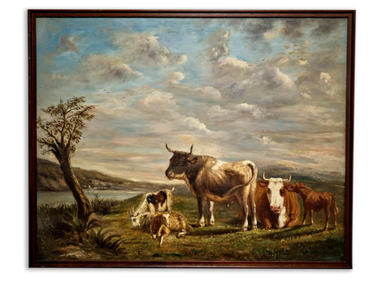 Antique French Pastoral Landscape Oil Painting with Cows, Signed Farmhouse Wall Decor, Framed Rustic Country Artwork, European Fine Art