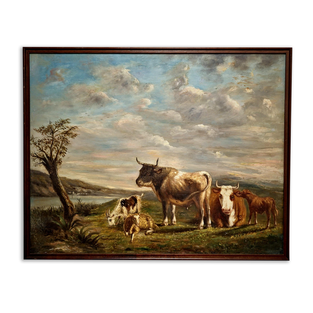 Antique French Pastoral Landscape Oil Painting with Cows, Signed Farmhouse Wall Decor, Framed Rustic Country Artwork, European Fine Art
