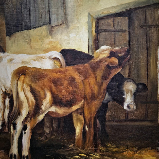 Vintage French Pastoral Oil Painting, Rustic Farm Scene, Signed Animal Artwork, Farmhouse Wall Decor, Collectible European Art, Unique Gift