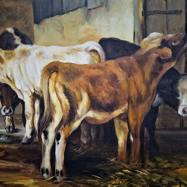 Vintage French Pastoral Oil Painting, Rustic Farm Scene, Signed Animal Artwork, Farmhouse Wall Decor, Collectible European Art, Unique Gift