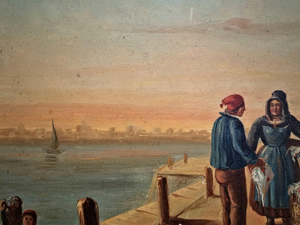 Antique French Oil Painting Harbor Scene With Figures, Original Nautical Coastal Artwork, Maritime Wall Decor, Framed European Fine Art