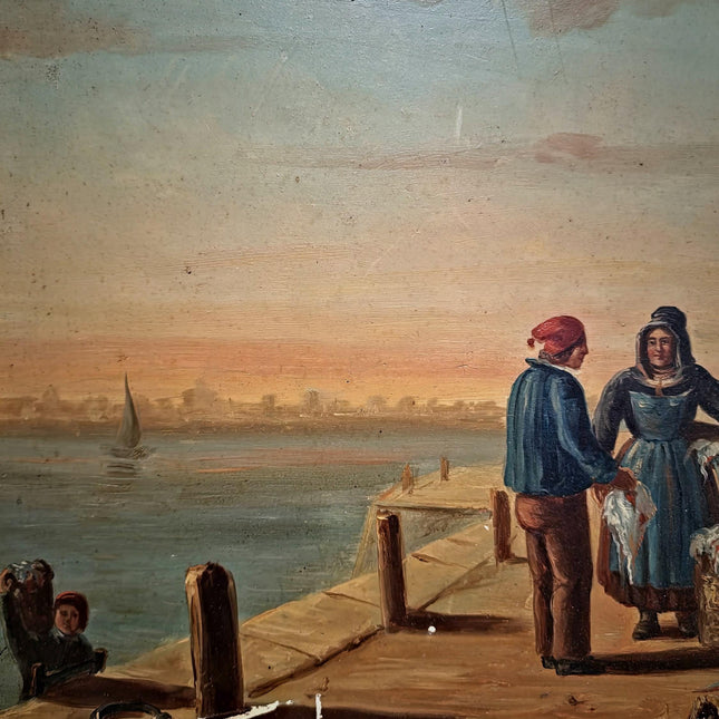 Antique French Oil Painting Harbor Scene With Figures, Original Nautical Coastal Artwork, Maritime Wall Decor, Framed European Fine Art