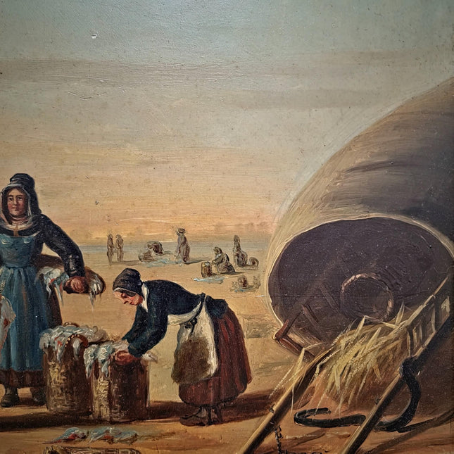 Antique French Oil Painting Harbor Scene With Figures, Original Nautical Coastal Artwork, Maritime Wall Decor, Framed European Fine Art